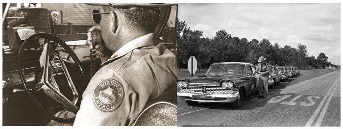 (left)Trooper on radar detail, 1960’s. (right)Capt. Cosson speaking with patrolmen on the Perry Hwy