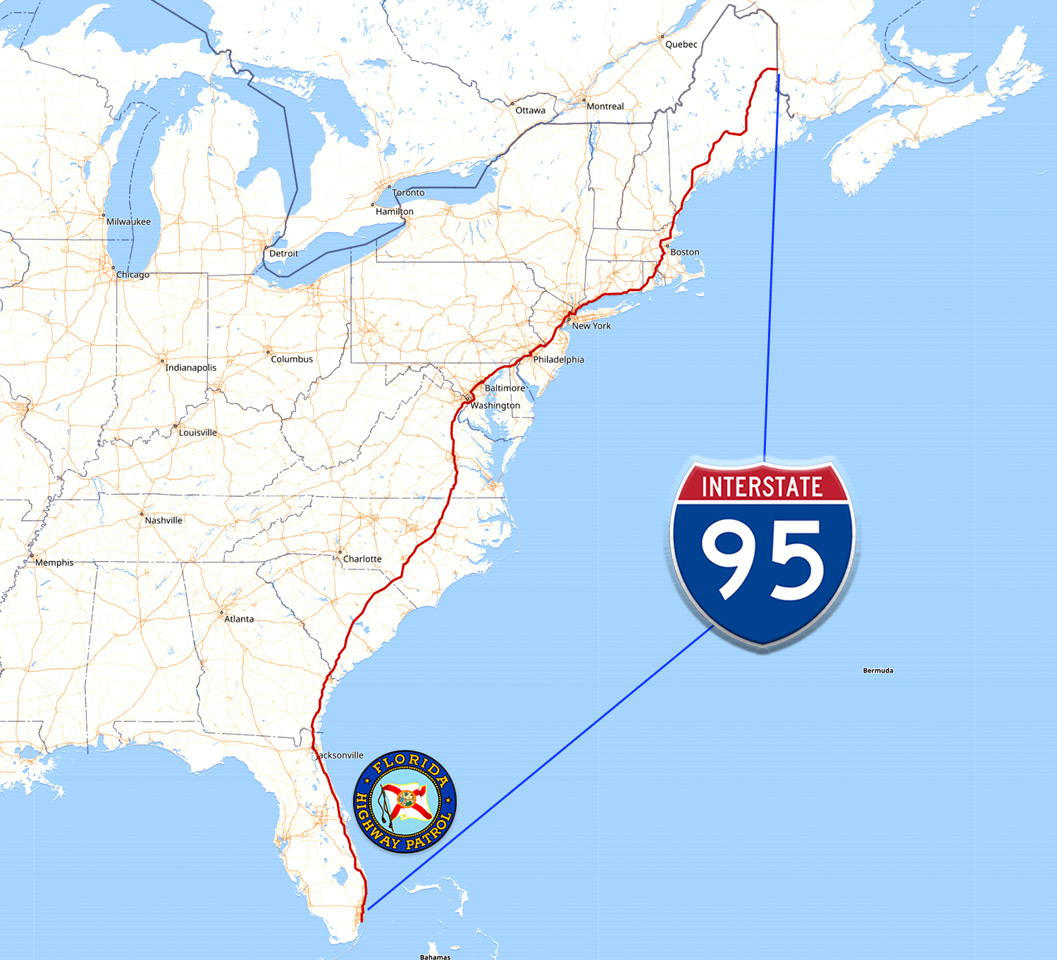 Map of the US East Coast highlighting I-95