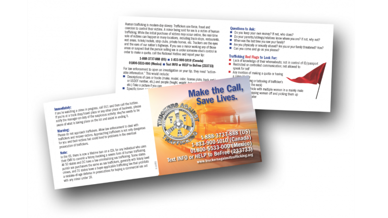 Wallet Cards for Truckers Against Trafficking provide easy access to information on human trafficking and contact information to report trafficking activity.