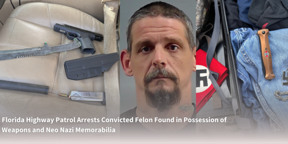 Photo of arrested convicted felon with images of weapons.